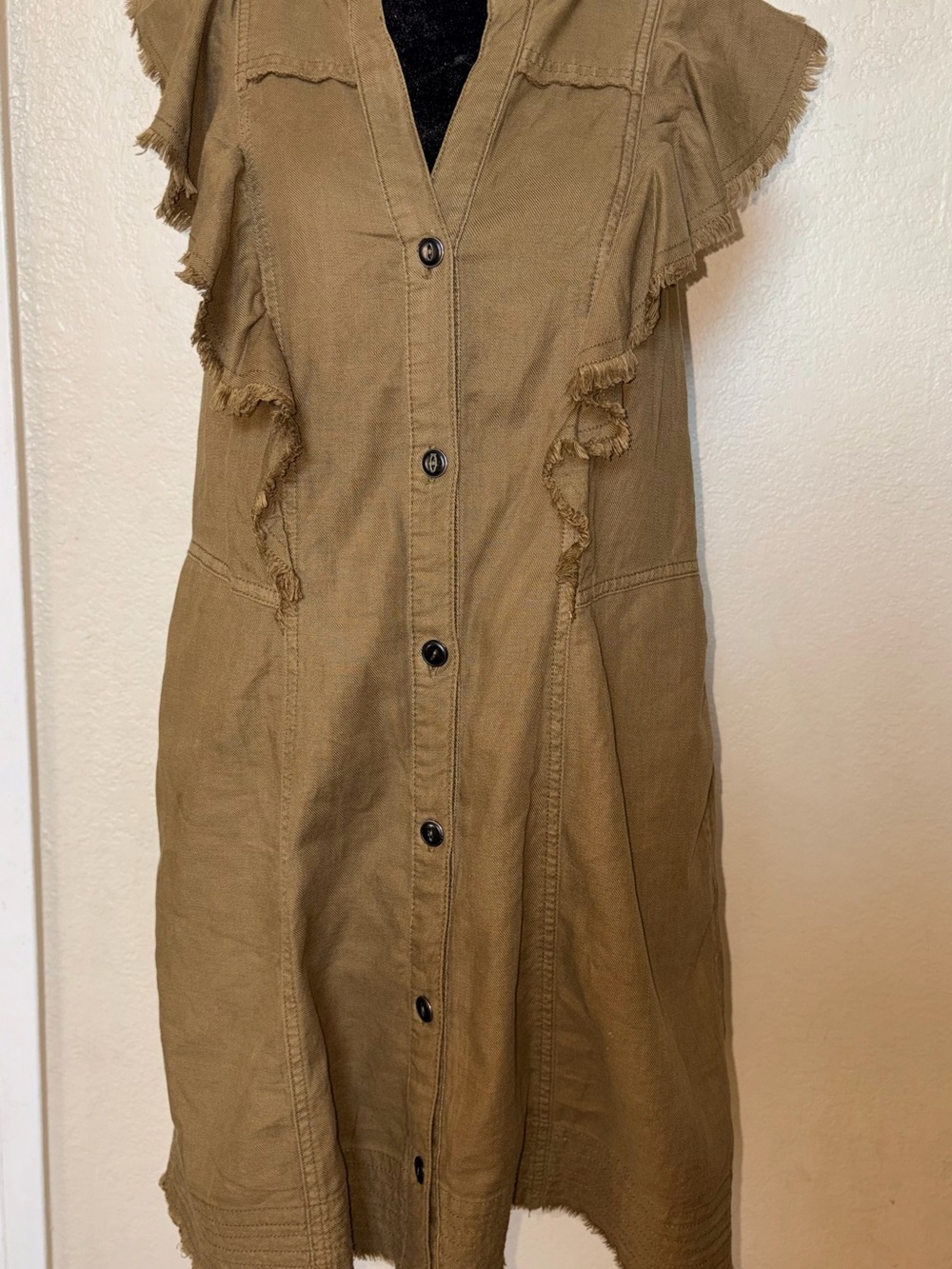 Anthropologie Pilcro Tan Button Front Midi Dress with Frayed Ruffle Trim